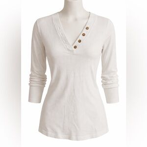 LOFT Cream V-Neck Long Sleeve Top with Buttons